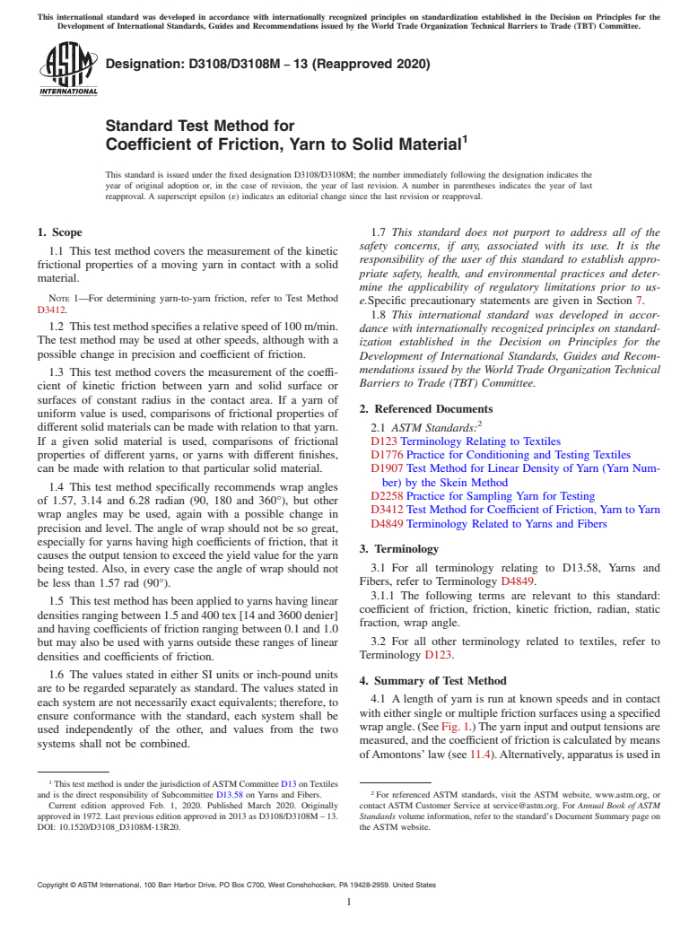 ASTM D3108/D3108M-13(2020) - Standard Test Method for  Coefficient of Friction, Yarn to Solid Material