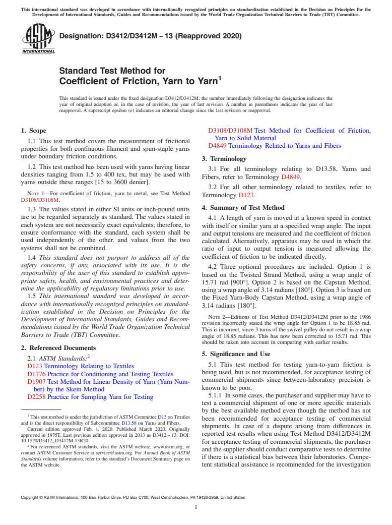 ASTM D3412/D3412M-13(2020) - Standard Test Method for  Coefficient of Friction, Yarn to Yarn
