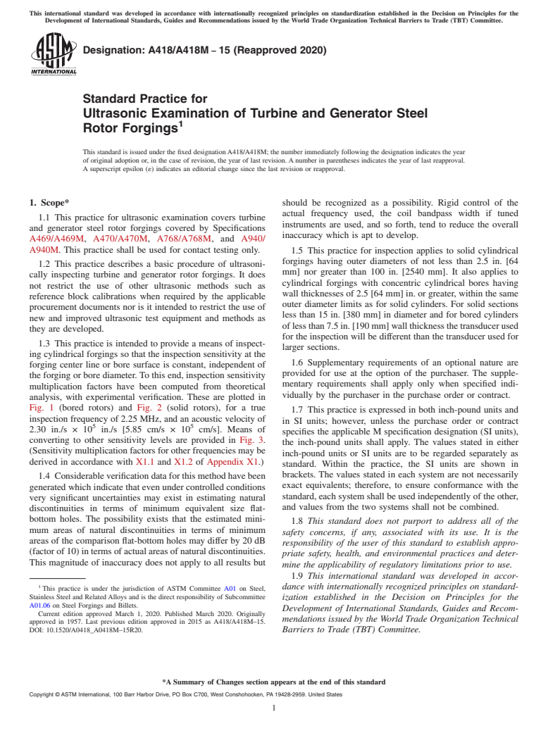 ASTM A418/A418M-15(2020) - Standard Practice for Ultrasonic Examination of Turbine and Generator Steel Rotor  Forgings