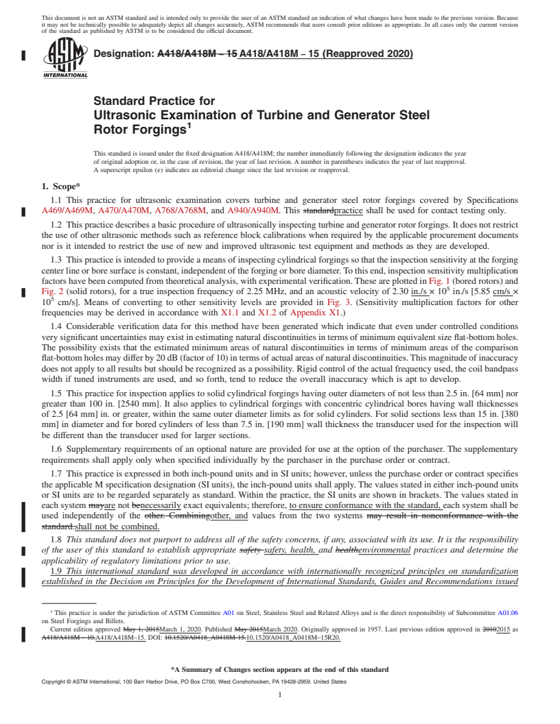 REDLINE ASTM A418/A418M-15(2020) - Standard Practice for Ultrasonic Examination of Turbine and Generator Steel Rotor  Forgings