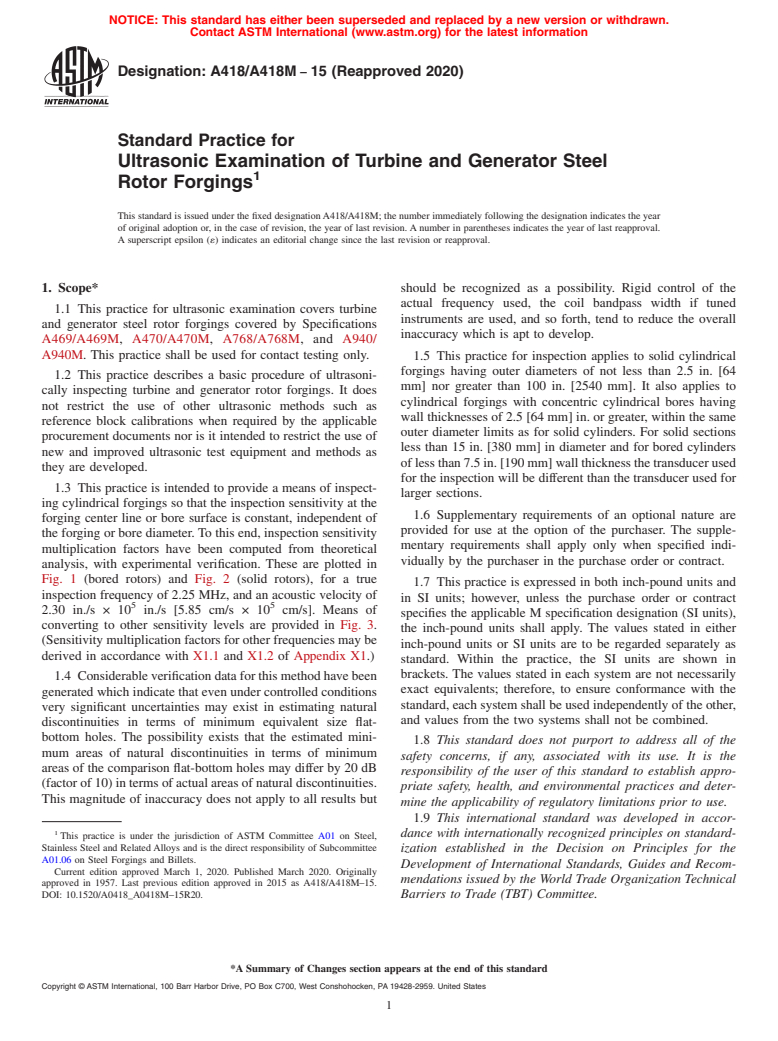 ASTM A418/A418M-15(2020) - Standard Practice for Ultrasonic Examination of Turbine and Generator Steel Rotor  Forgings