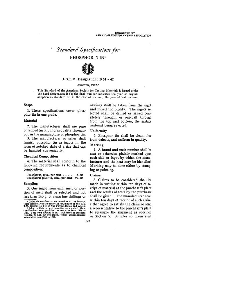 ASTM B51-42 - Test Method for Phospher Tin (Withdrawn 1944)