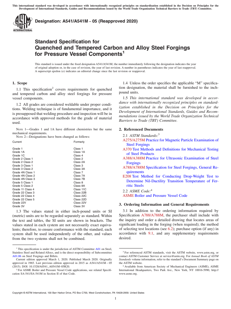 ASTM A541/A541M-05(2020) - Standard Specification for Quenched and Tempered Carbon and Alloy Steel Forgings for Pressure  Vessel Components