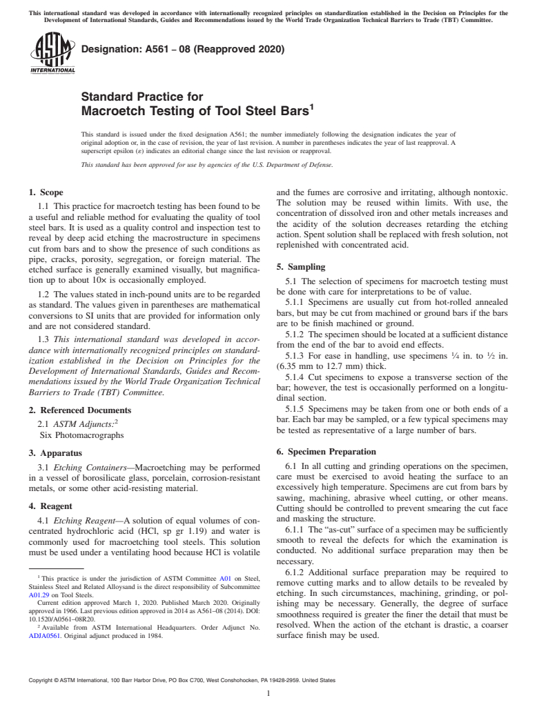 ASTM A561-08(2020) - Standard Practice for Macroetch Testing of Tool Steel Bars