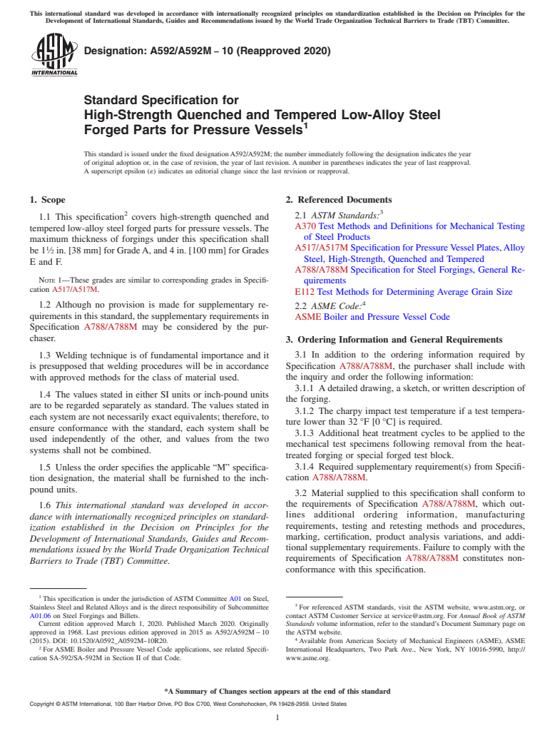 ASTM A592/A592M-10(2020) - Standard Specification for High-Strength Quenched and Tempered Low-Alloy Steel Forged  Parts for Pressure Vessels