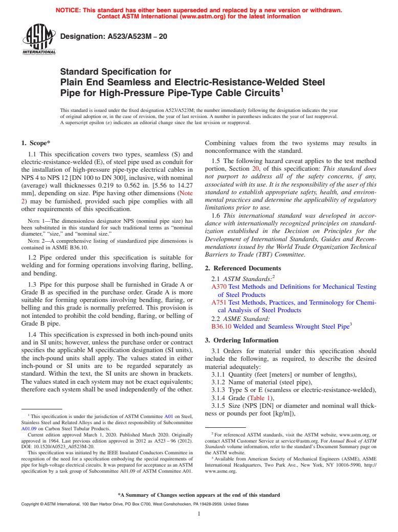 ASTM A523/A523M-20 - Standard Specification for  Plain End Seamless and Electric-Resistance-Welded Steel Pipe   for High-Pressure Pipe-Type Cable Circuits