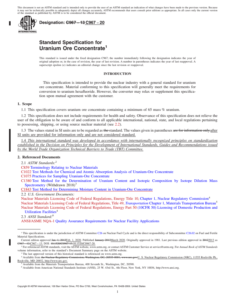 REDLINE ASTM C967-20 - Standard Specification for  Uranium Ore Concentrate