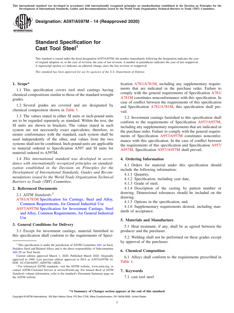 ASTM A597/A597M-14(2020) - Standard Specification for Cast Tool Steel