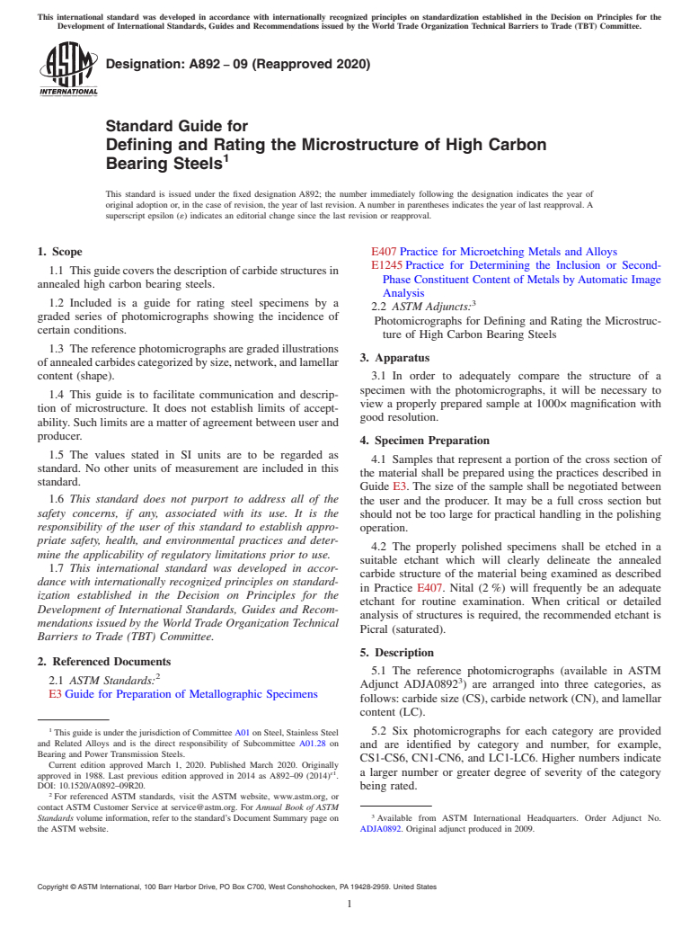 ASTM A892-09(2020) - Standard Guide for Defining and Rating the Microstructure of High Carbon Bearing  Steels