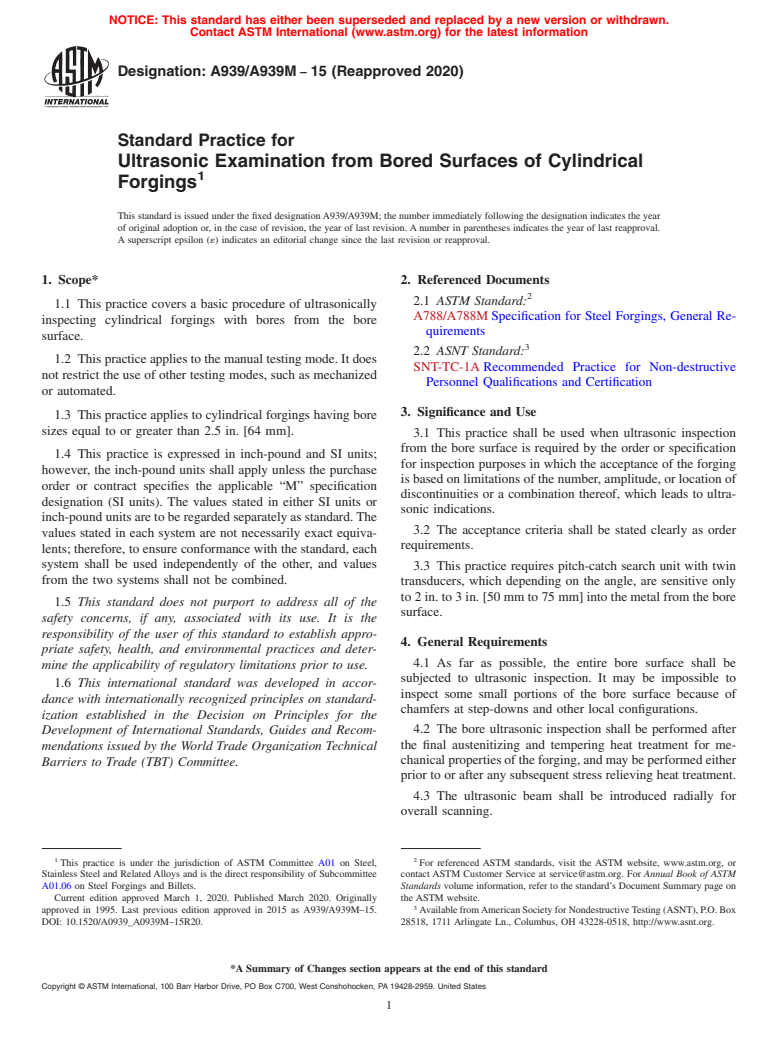 ASTM A939/A939M-15(2020) - Standard Practice for Ultrasonic Examination from Bored Surfaces of Cylindrical Forgings (Withdrawn 2021)