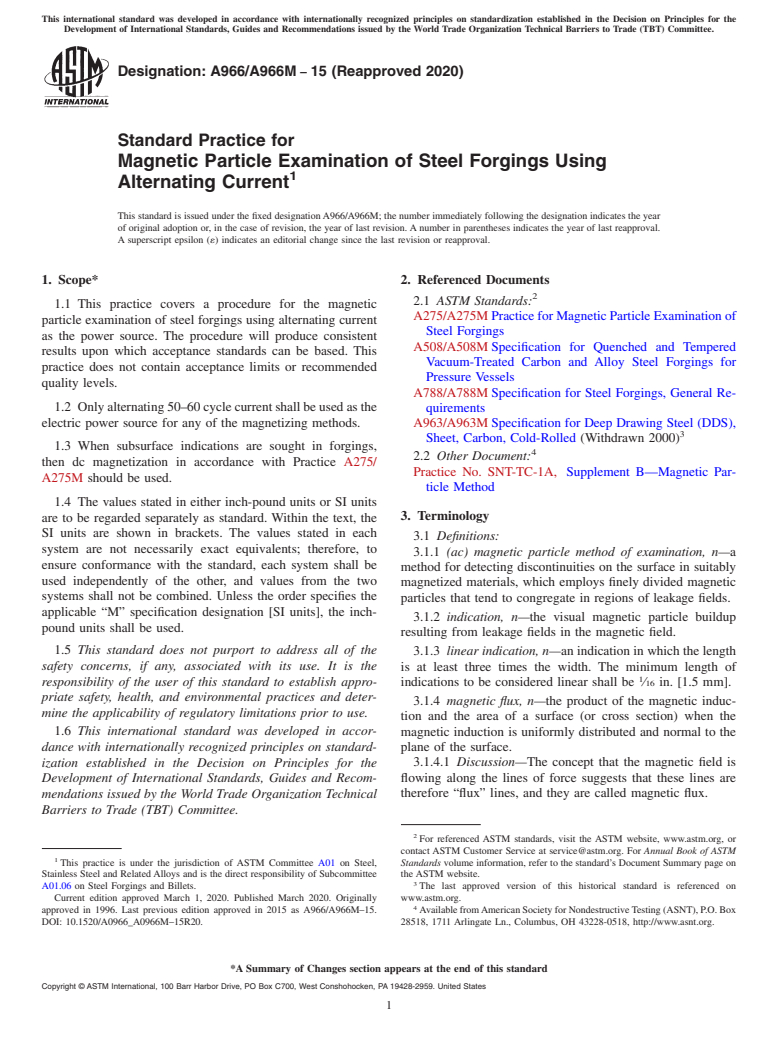 ASTM A966/A966M-15(2020) - Standard Practice for Magnetic Particle Examination of Steel Forgings Using Alternating  Current