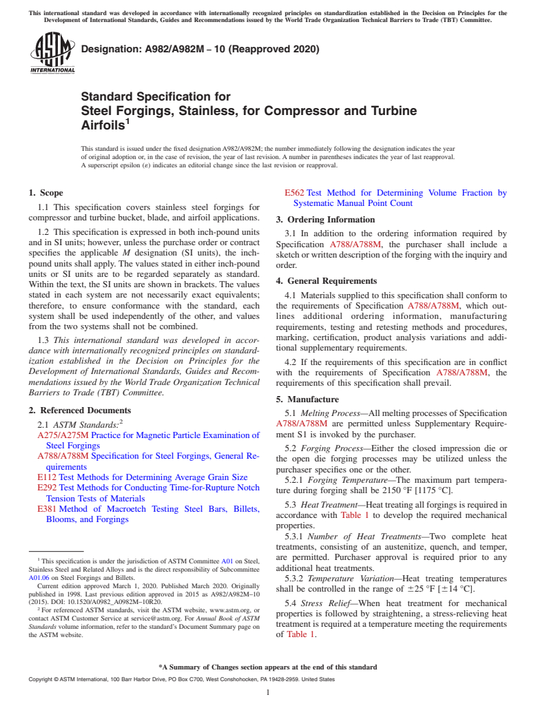 ASTM A982/A982M-10(2020) - Standard Specification for Steel Forgings, Stainless, for Compressor and Turbine Airfoils