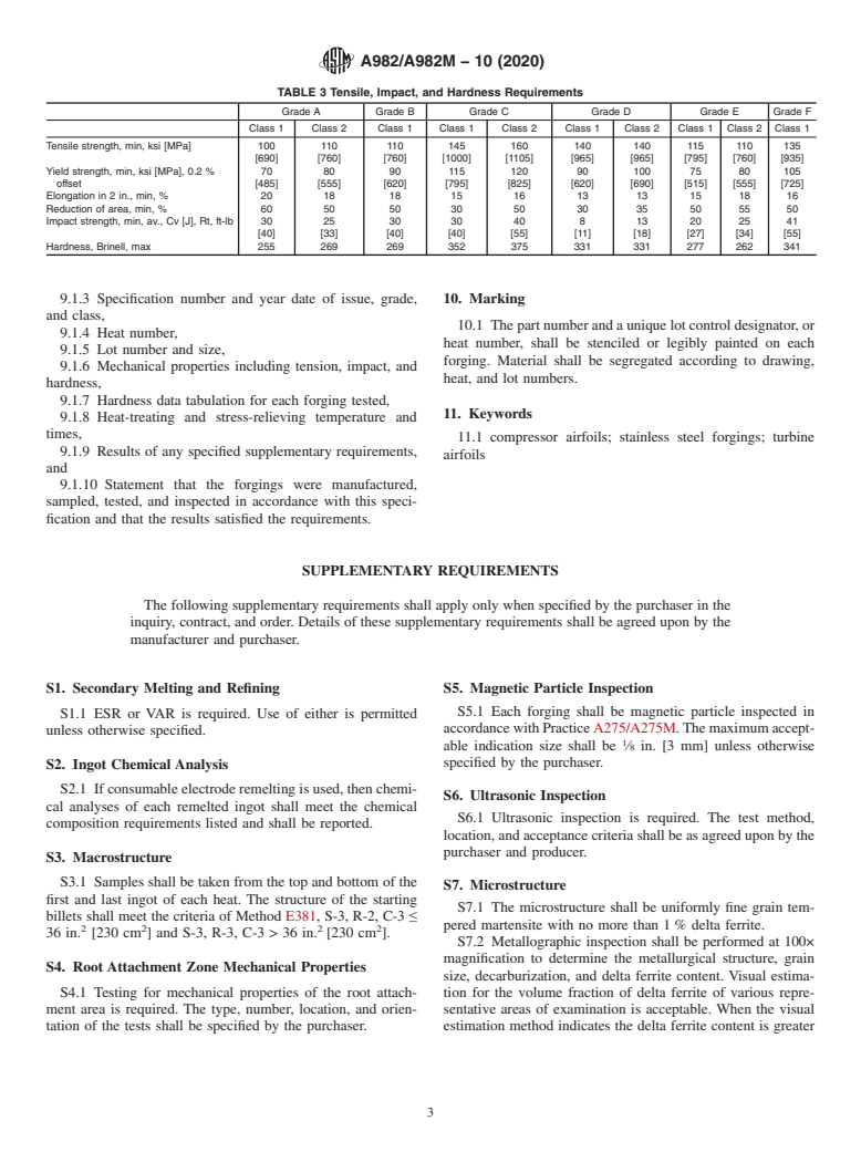 ASTM A982/A982M-10(2020) - Standard Specification for Steel Forgings, Stainless, for Compressor and Turbine Airfoils