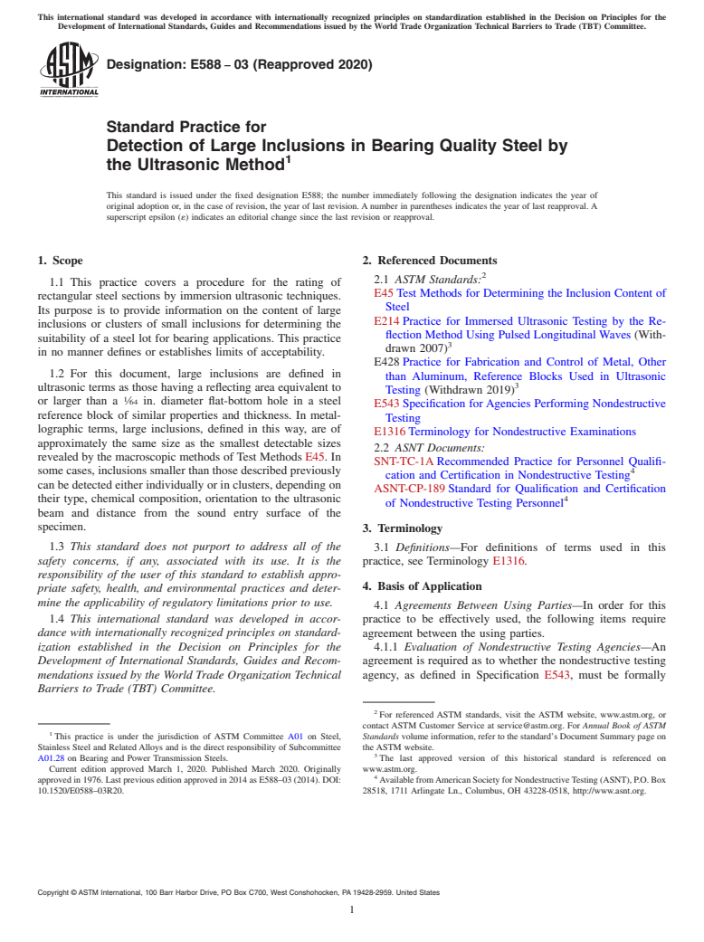 ASTM E588-03(2020) - Standard Practice for Detection of Large Inclusions in Bearing Quality Steel by the  Ultrasonic Method