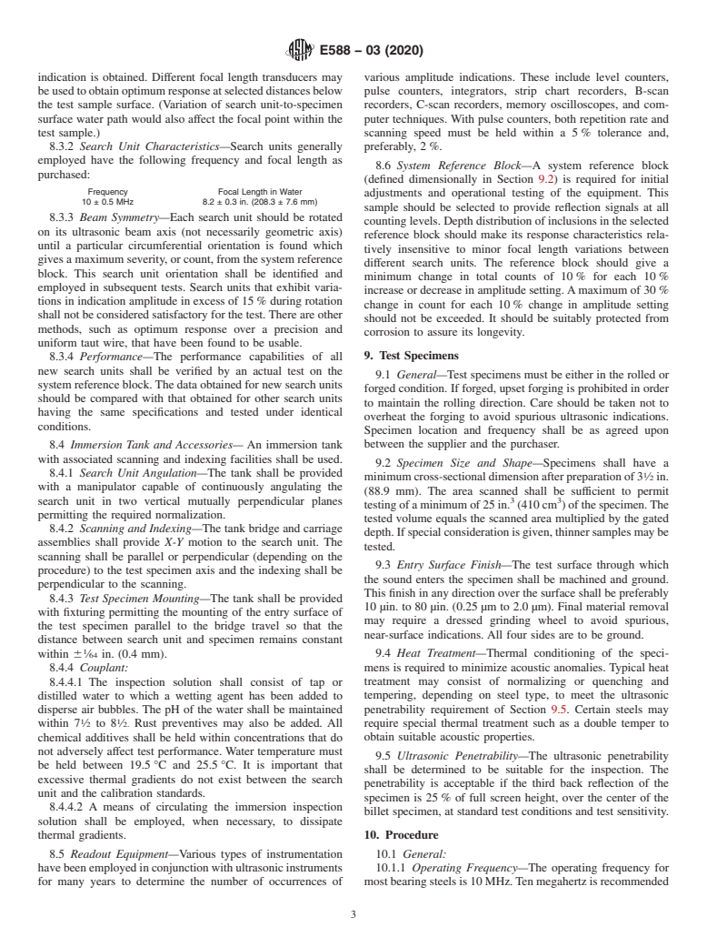 ASTM E588-03(2020) - Standard Practice for Detection of Large Inclusions in Bearing Quality Steel by the  Ultrasonic Method