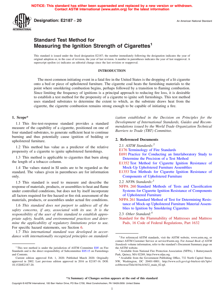 ASTM E2187-20 - Standard Test Method for  Measuring the Ignition Strength of Cigarettes