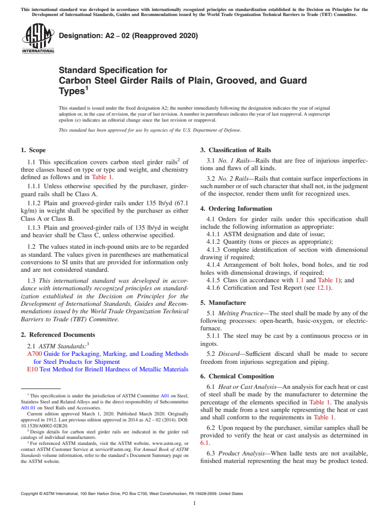 ASTM A2-02(2020) - Standard Specification for  Carbon Steel Girder Rails of Plain, Grooved, and Guard Types