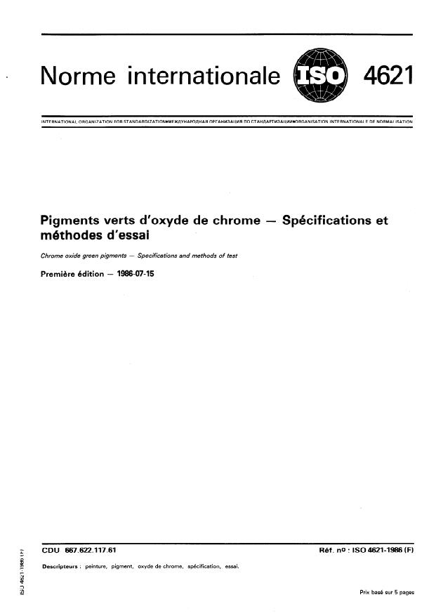 ISO 4621:1986 - Pigments verts d'oxyde de chrome -- Spécifications et méthodes d'essai