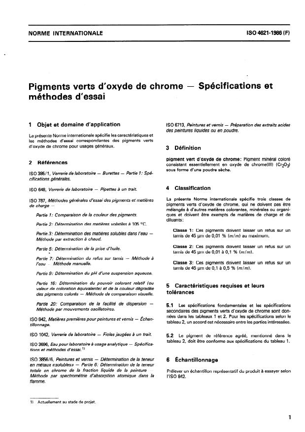 ISO 4621:1986 - Pigments verts d'oxyde de chrome -- Spécifications et méthodes d'essai