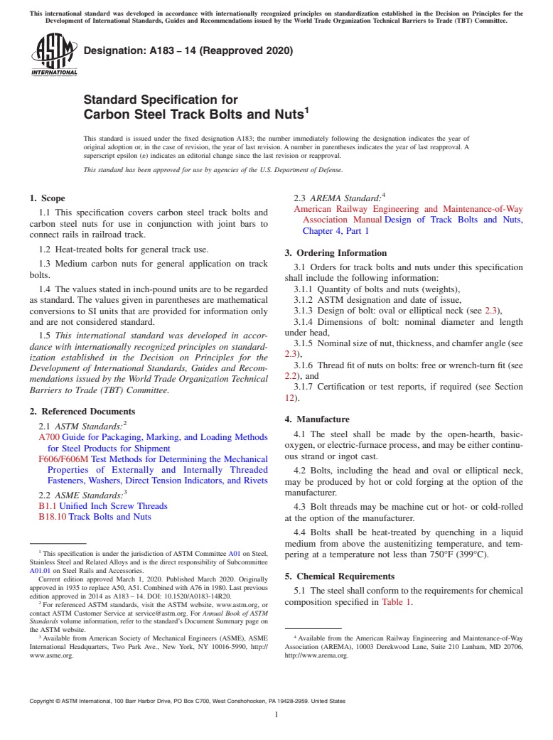 ASTM A183-14(2020) - Standard Specification for  Carbon Steel Track Bolts and Nuts