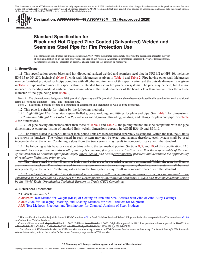 REDLINE ASTM A795/A795M-13(2020) - Standard Specification for  Black and Hot-Dipped Zinc-Coated (Galvanized) Welded and Seamless  Steel Pipe for Fire Protection Use