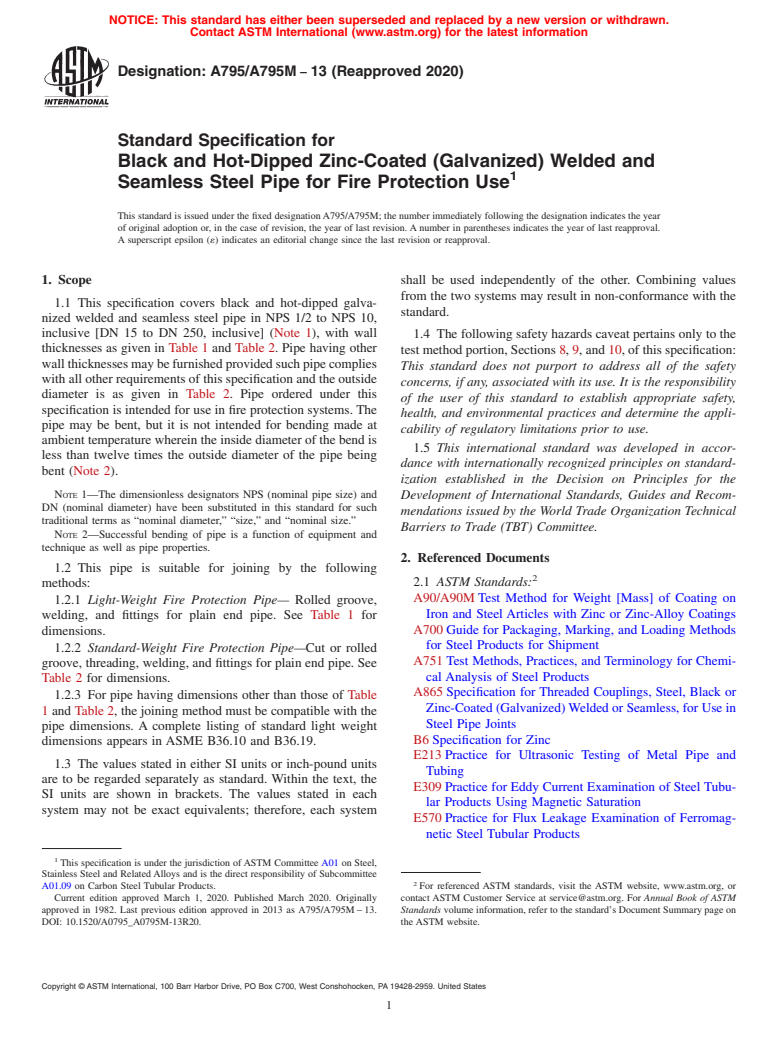 ASTM A795/A795M-13(2020) - Standard Specification for  Black and Hot-Dipped Zinc-Coated (Galvanized) Welded and Seamless  Steel Pipe for Fire Protection Use