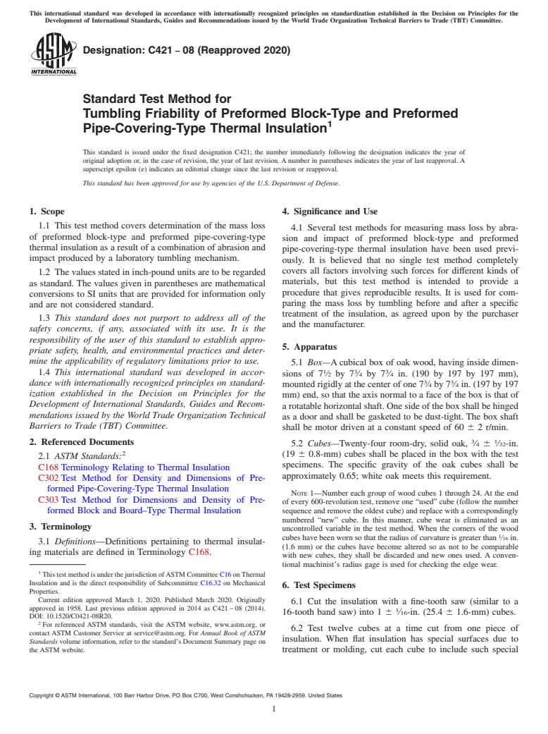 ASTM C421-08(2020) - Standard Test Method for  Tumbling Friability of Preformed Block-Type and Preformed Pipe-Covering-Type  Thermal Insulation