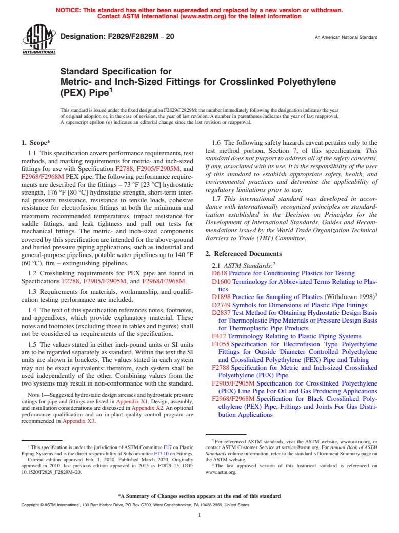 ASTM F2829/F2829M-20 - Standard Specification for  Metric- and Inch-Sized Fittings for Crosslinked Polyethylene  (PEX) Pipe