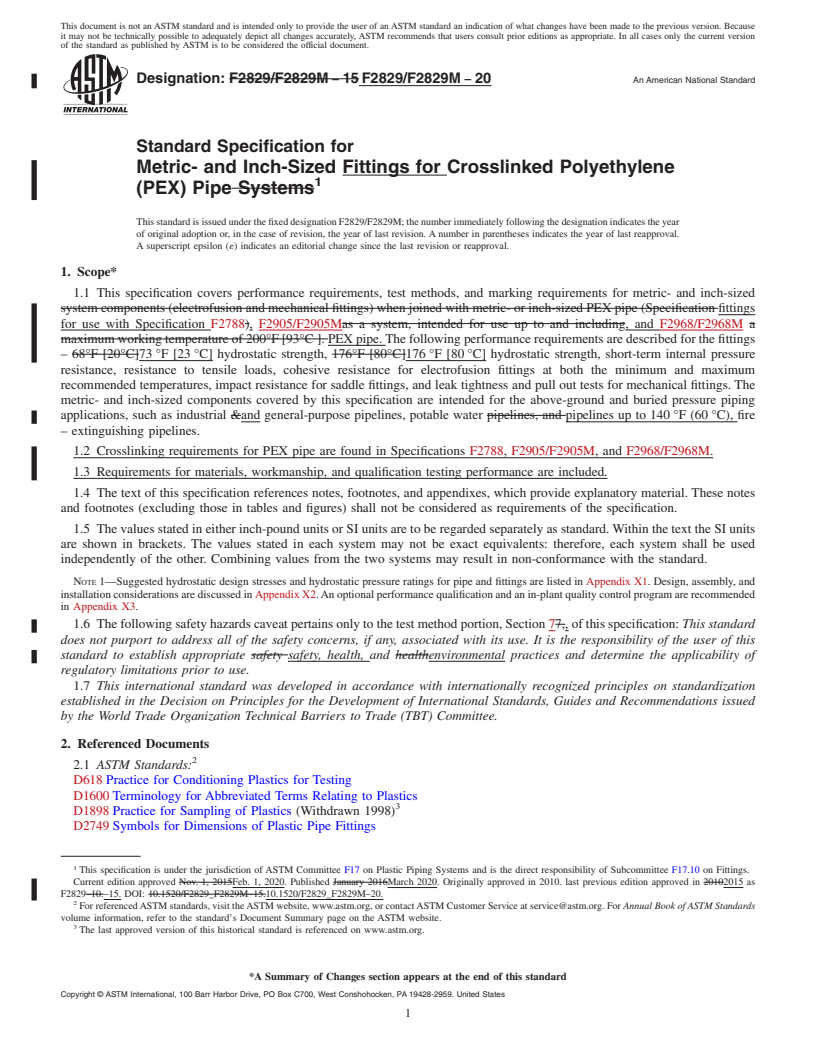 REDLINE ASTM F2829/F2829M-20 - Standard Specification for  Metric- and Inch-Sized Fittings for Crosslinked Polyethylene  (PEX) Pipe