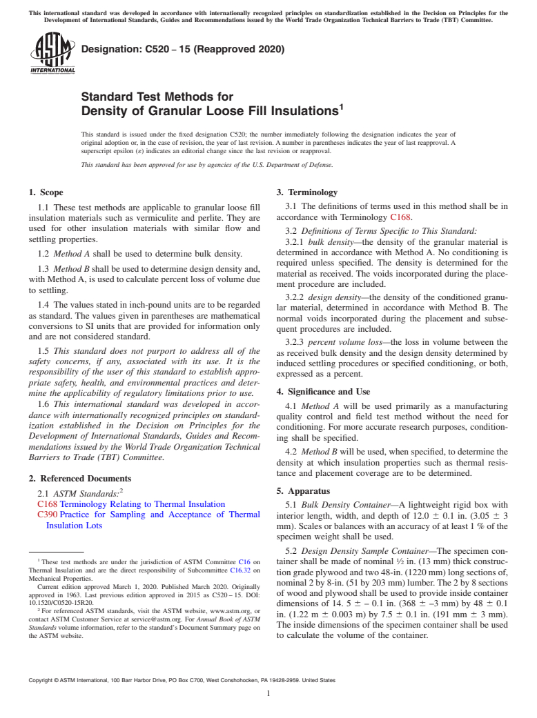 ASTM C520-15(2020) - Standard Test Methods for Density of Granular Loose Fill Insulations