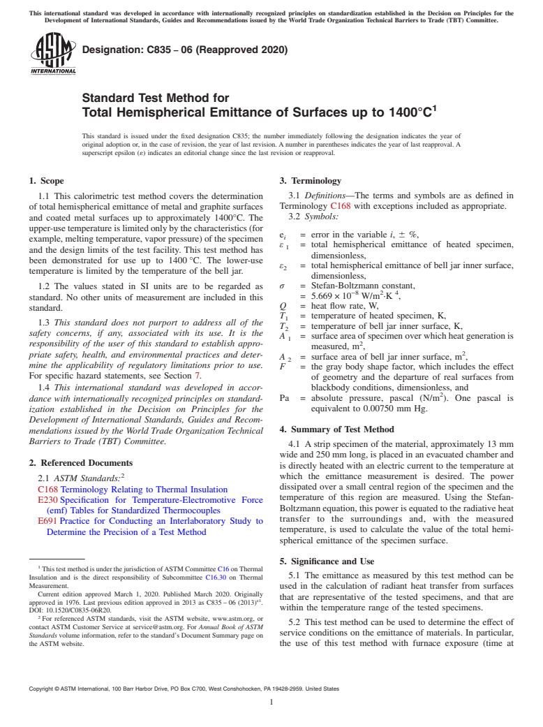 ASTM C835-06(2020) - Standard Test Method for  Total Hemispherical Emittance of Surfaces up to 1400&#xb0;C