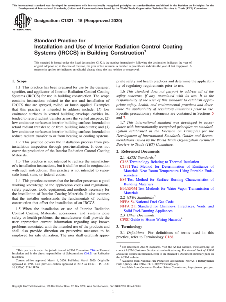 ASTM C1321-15(2020) - Standard Practice for  Installation and Use of Interior Radiation Control Coating  Systems (IRCCS) in Building Construction