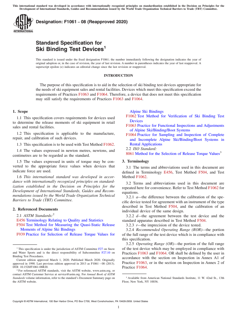 ASTM F1061-08(2020) - Standard Specification for  Ski Binding Test Devices