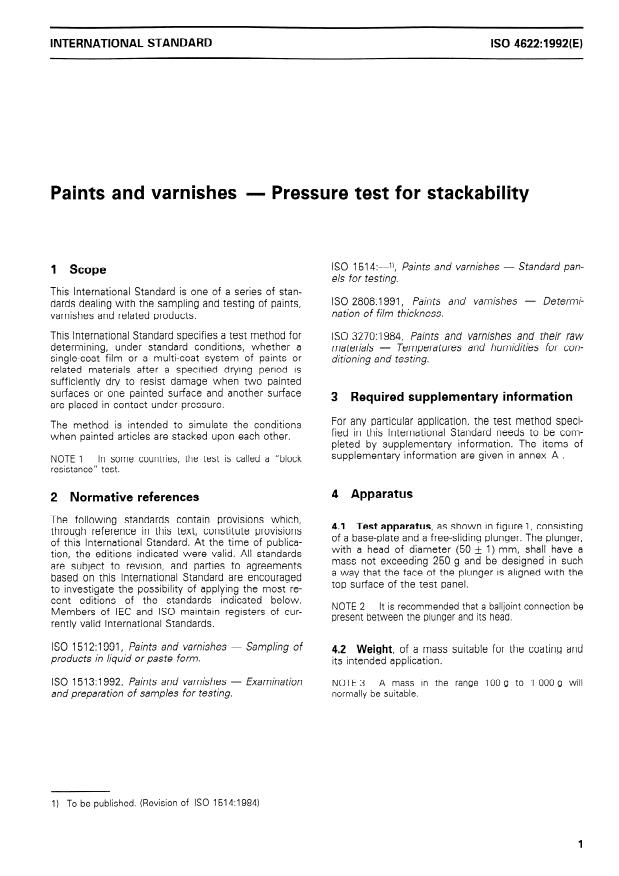 ISO 4622:1992 - Paints and varnishes -- Pressure test for stackability