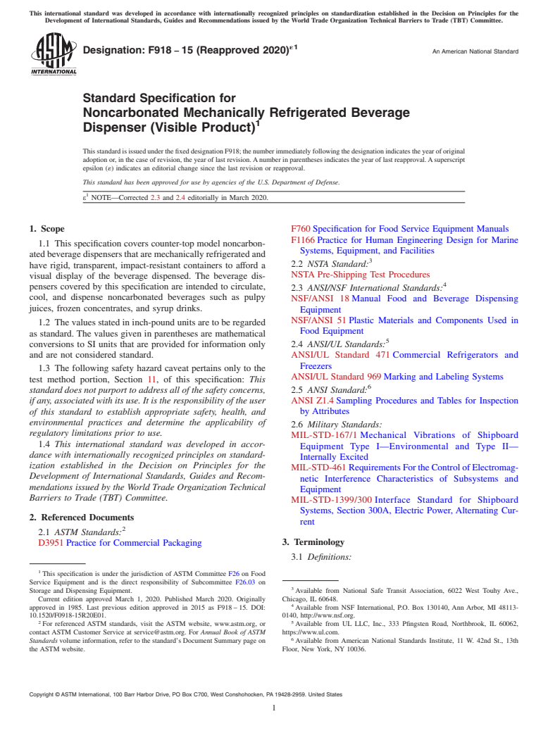 ASTM F918-15(2020)e1 - Standard Specification for Noncarbonated Mechanically Refrigerated Beverage Dispenser  (Visible Product)