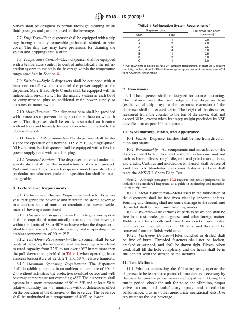 ASTM F918-15(2020)e1 - Standard Specification for Noncarbonated Mechanically Refrigerated Beverage Dispenser  (Visible Product)