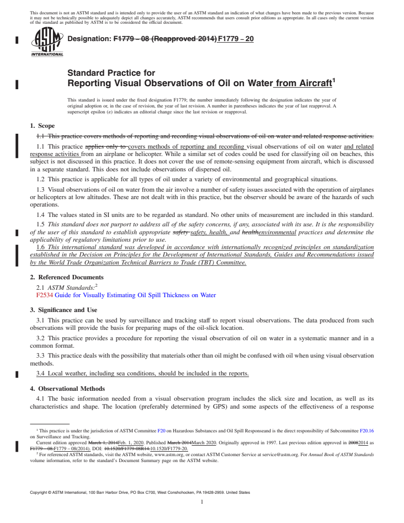 REDLINE ASTM F1779-20 - Standard Practice for  Reporting Visual Observations of Oil on Water from Aircraft