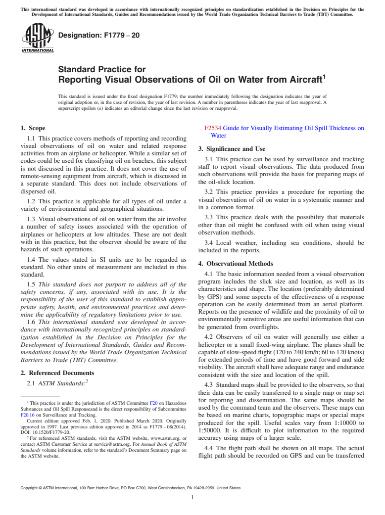 ASTM F1779-20 - Standard Practice for  Reporting Visual Observations of Oil on Water from Aircraft