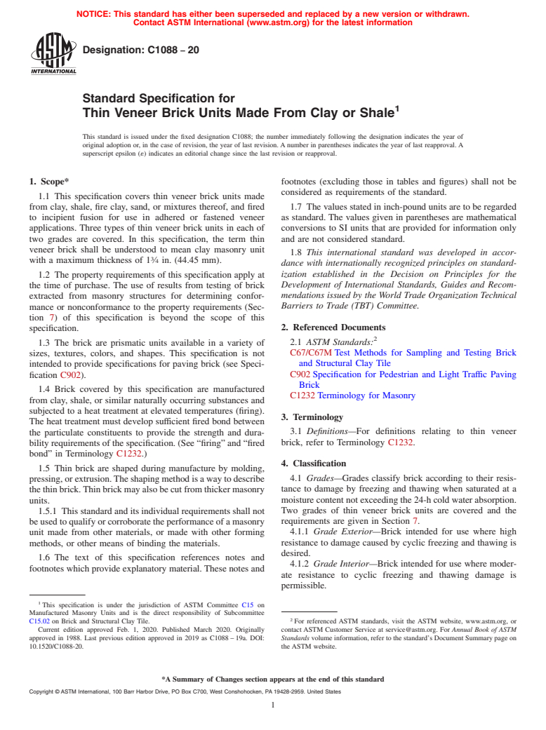 ASTM C1088-20 - Standard Specification for Thin Veneer Brick Units Made From Clay or Shale