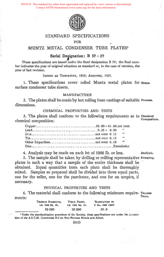 ASTM B57-27 - Specification for Copper-Alloy Condenser Tube Plates (Withdrawn 1941)