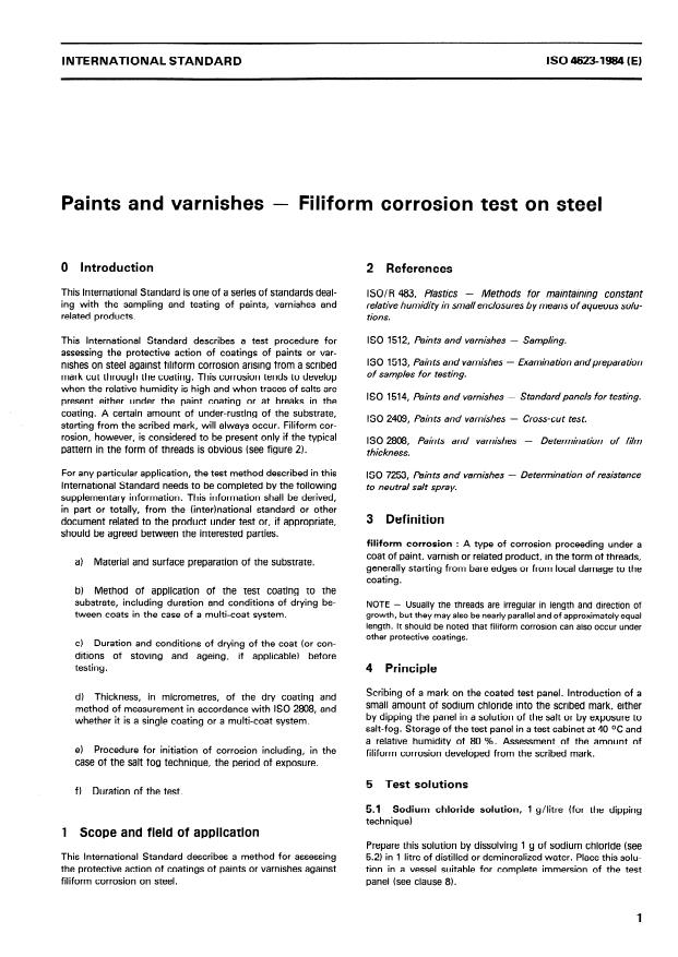 ISO 4623:1984 - Paints and varnishes -- Filiform corrosion test on steel