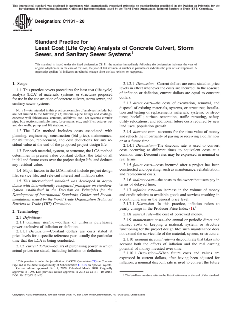 ASTM C1131-20 - Standard Practice for  Least Cost (Life Cycle) Analysis of Concrete Culvert, Storm   Sewer, and Sanitary Sewer Systems