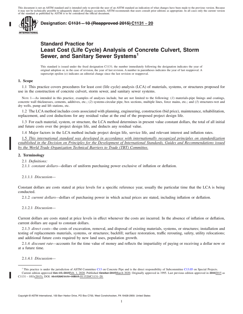 REDLINE ASTM C1131-20 - Standard Practice for  Least Cost (Life Cycle) Analysis of Concrete Culvert, Storm   Sewer, and Sanitary Sewer Systems