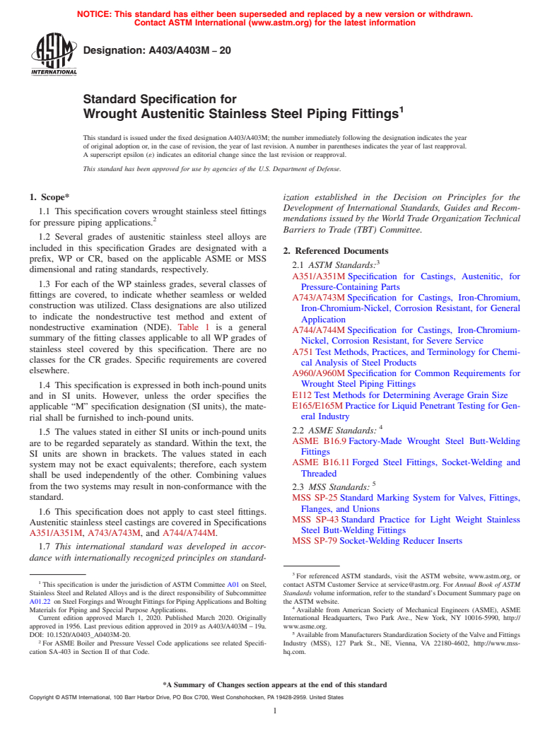 ASTM A403/A403M-20 - Standard Specification for  Wrought Austenitic Stainless Steel Piping Fittings