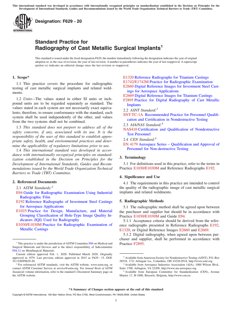 ASTM F629-20 - Standard Practice for  Radiography of Cast Metallic Surgical Implants