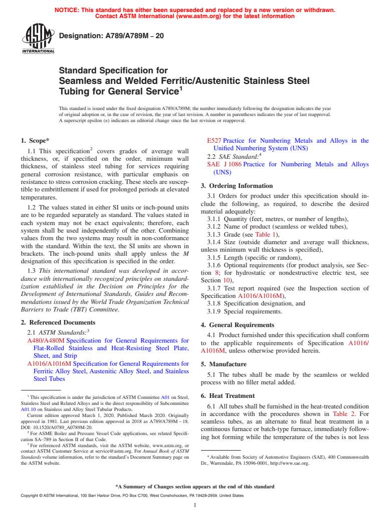 ASTM A789/A789M-20 - Standard Specification for  Seamless and Welded Ferritic/Austenitic Stainless Steel Tubing   for General Service