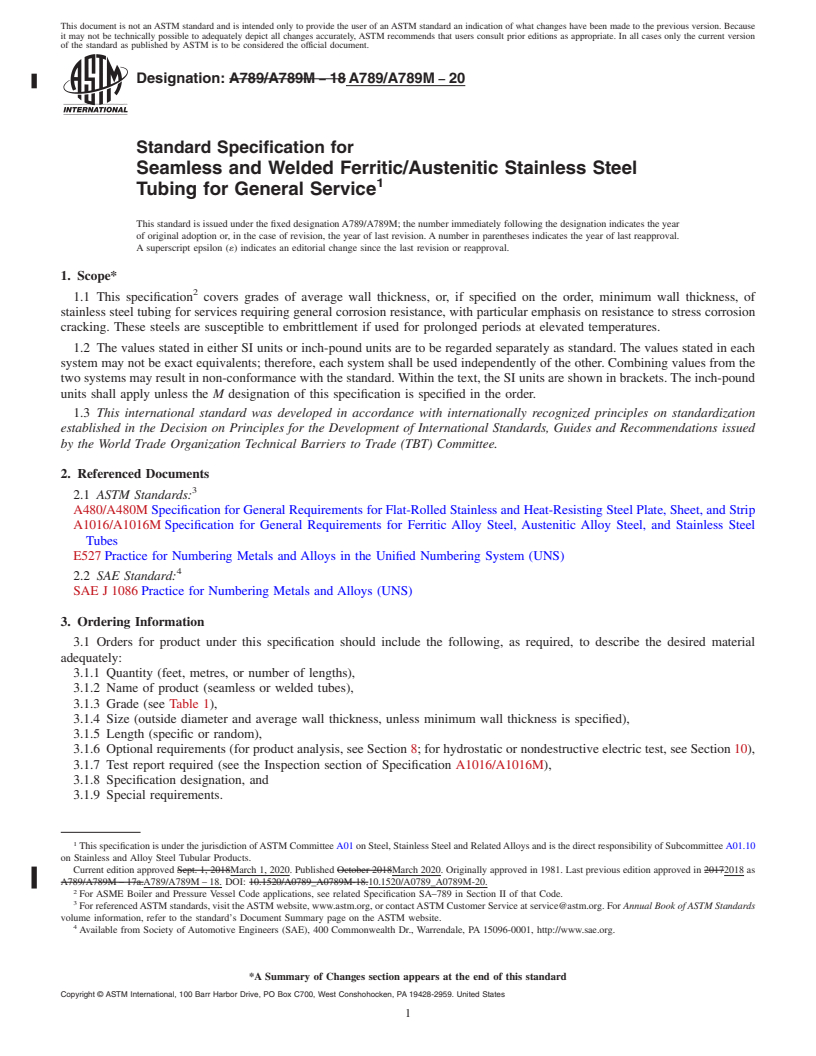 REDLINE ASTM A789/A789M-20 - Standard Specification for  Seamless and Welded Ferritic/Austenitic Stainless Steel Tubing   for General Service