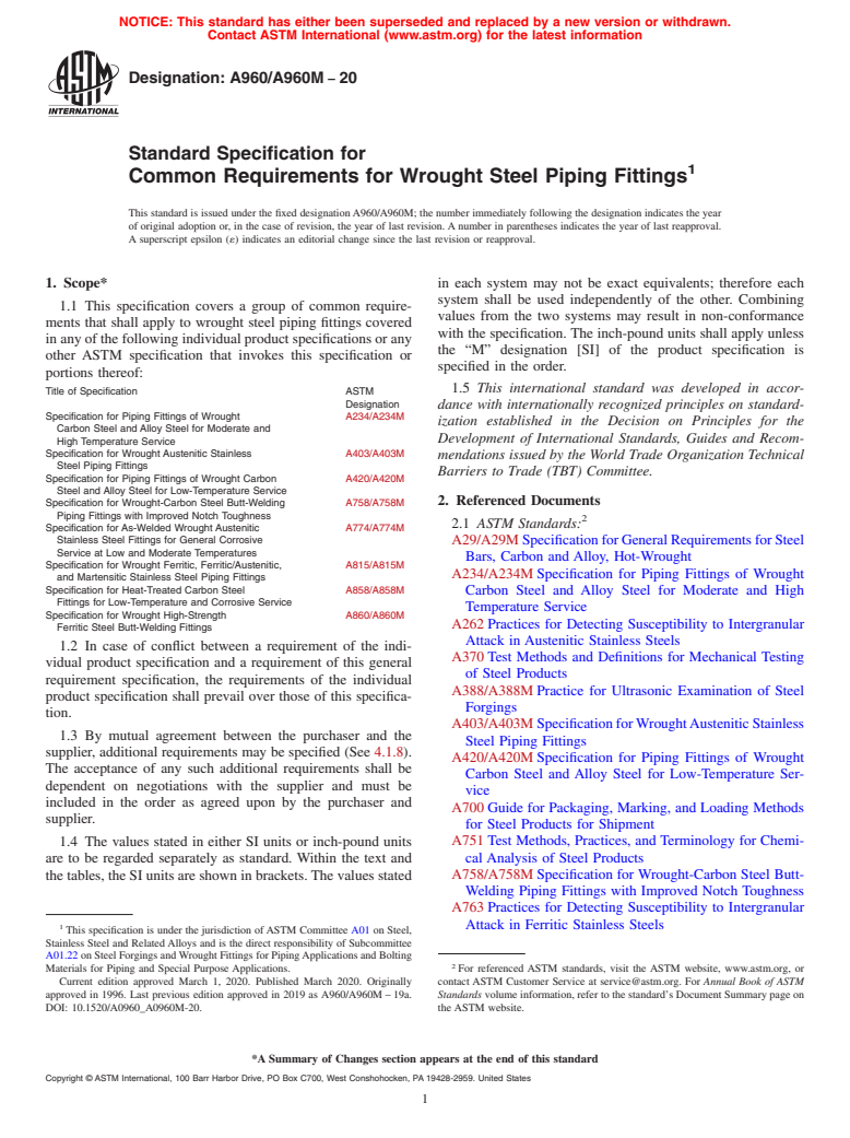 ASTM A960/A960M-20 - Standard Specification for  Common Requirements for Wrought Steel Piping Fittings