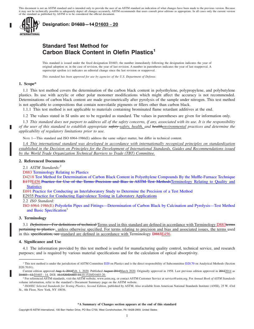 REDLINE ASTM D1603-20 - Standard Test Method for  Carbon Black Content in Olefin Plastics