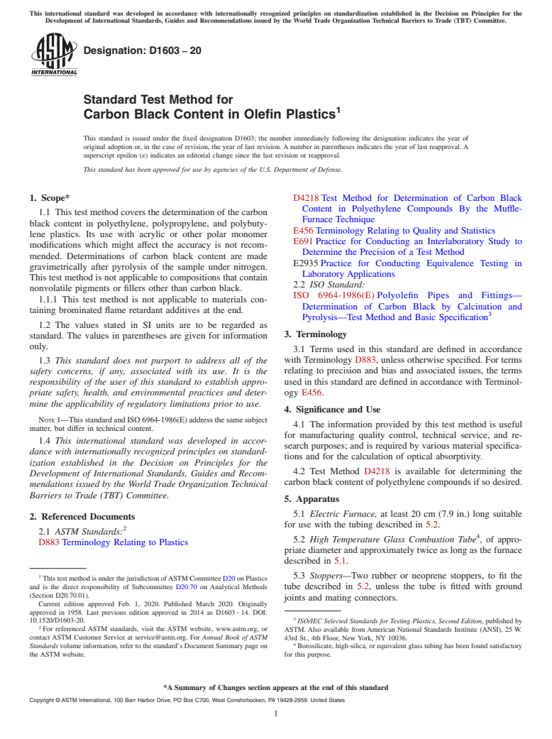 ASTM D1603-20 - Standard Test Method for  Carbon Black Content in Olefin Plastics